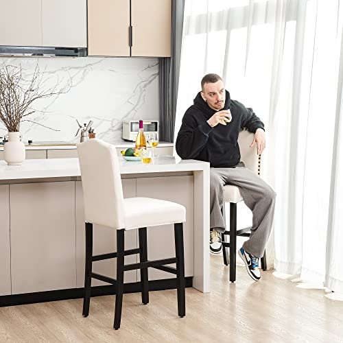 Glitzhome Bar Stools Set Of 2, 45" H White Bonded Leather Armless Barchair With High-Back Studded Solid Rubberwood Legs For Kitchen Island Breakfast Chair For Dining Room, Party Room & Restaurant #TOP2