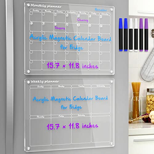 NPPLUS Magnetischer trocken abwischbarer Tafel-Kalender für den Kühlschrank, 2 Set, transparenter Acryl-Magnetkalender, monatlicher Wochen-Whiteboard-Kalender mit 6 Markern, 3 Farben Cover