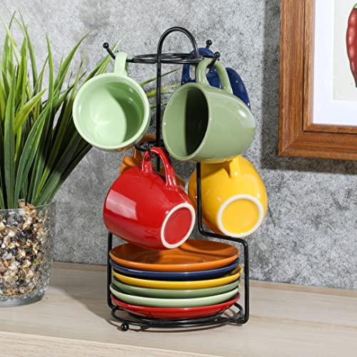 Gibson Home Color Café 13 Piece Assorted Color Stoneware Mug Set W/Metal Rack And Saucer Set #TOP2
