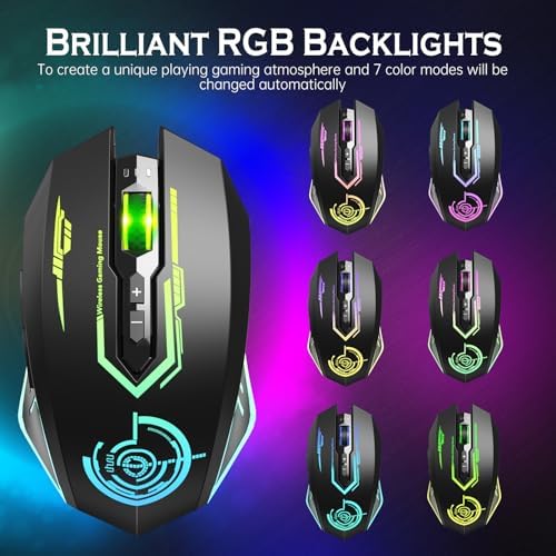 Wireless Gaming Mouse Up to 10000 DPI, UHURU Rechargeable USB Wireless Mouse with 6 Buttons 7 Changeable LED Color Ergonomic Programmable MMO RPG for PC Laptop, Compatible with Windows Mac - 3