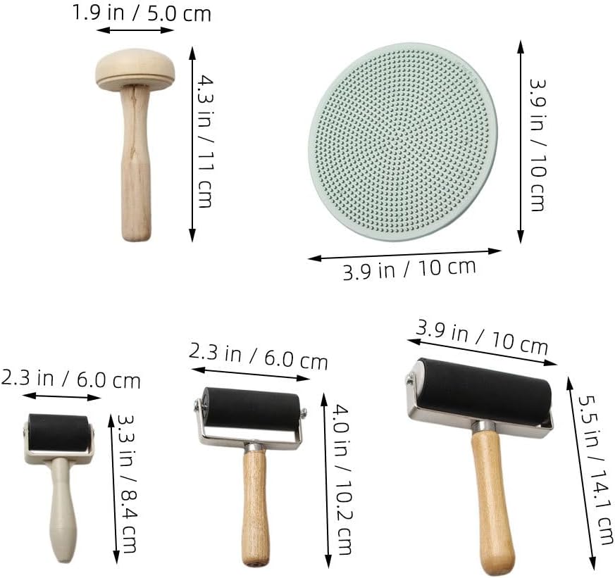 Happyyami 5pcs DIY Printmaking Tool Set Wooden Mushroom Roller with Rubber Brayers and Plastic Press Baren for Block Printing Supplies