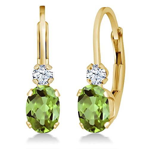 Gem Stone King 14K Yellow Gold Green Peridot and White Created Sapphire Leverback Earrings For Women | 1.08 Cttw | Gemstone August Birthstone | Oval 6X4MM, Round 2MM | 3/4 Inch