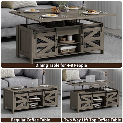 47.2\" Lift Top Coffee Table, 4 in 1 Farmhouse Coffee Table with Storage and Sliding Barn Doors, Coffee Tables for Living Room, Dining Room (Grey)