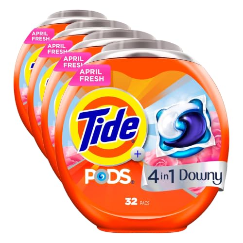 Tide PODS Laundry Detergent Soap with Downy 4-in-1 Stain Remover Freshness Softness Detergent pacs, April Fresh Scent, 32 Count (Pack of 4) - image 1