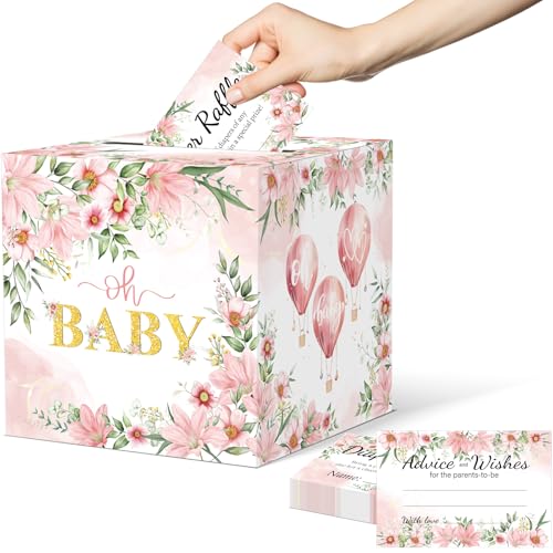 Image of Baby Shower Games, Floral Diaper Raffle Box, 50 PCS Diaper Raffle Tickets Card Box with Advice and Wishes for the Parents-to-be, Baby Shower Decorations, Diaper Raffle Sign