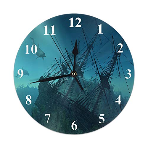 Orologio oceanico Delfini Relitto Nave affondata Sottomarino Acqua marittima Barca di mare Orologio da parete rotondo 10 pollici Orologio da appendere silenzioso senza ticchettio per la decorazione do