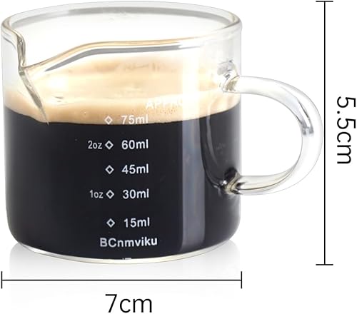 Miniatura 3 de NCnnwovf Paquete de 2 jarras de espuma de leche, taza medidora de vidrio espresso, tazas de espresso de 2.5 fl oz con asa, vaso de chupito de
