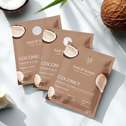 Image of Soul & Scents Coconut Fragrance Sachet | A Blend of Toasted Coconut, Vanilla & Musk | Long-Lasting Air Freshener for Car, Wardrobe, Kitchen, and Travel Bag | Pack of 3-20gm Each