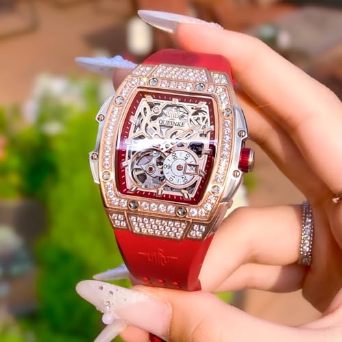 Image of OUPINKE Automatic Womens Watches Luxury Diamonds Hollow Skeleton Square Ladies Watches Soft Silicone Strap Fashion Dress Rose Gold Female Watch Waterproof