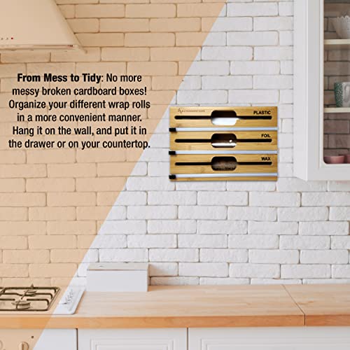 Kitchenstash 3 In 1 Plastic Wrap Dispenser With Cutter, 12" Aluminium Foil And Plastic Wrap Organizer, Bamboo Kitchen Organization Foil Aluminum Roll Holder For Drawer Storage Tin Cling Foil Organizer #TOP2