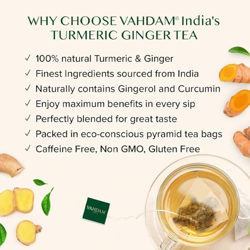 Image of VAHDAM Organic Turmeric Ginger Herbal Tea Bags (100 Pyramid Tea Bags) Caffeine Free, Non GMO | 100% Pure Herbal Blend - Savory & Spicy, Plant-Based Teabags | Resealable Ziplock Pouch (Pack of 2)
