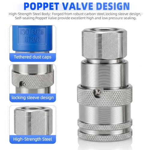 Image of 3 /8'' NPT Flat Face Hydraulic Quick Connect Couplers /Couplings Set w /Dust Caps ISO 16028 Standard, Skid Steer Bobcat 3 /8 Body Quick Disconnect 2Set