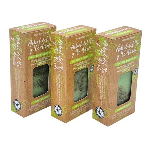 Pack 3 Jabón de Arbol de Té Natural Biodegradable - Jabon de Manos, Cuerpo, y Cara para acné, hongos y bacterias, Pastilla Sólida Ecológica y Artesanal, Vegano y Sin Aceite de Palma