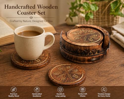Image of Premium Round Wooden Coasters Set of 6 with Holder | Mango Wood Tea & Coffee Coaster Set for Table Protection & Home Decor | Cup Coaster Set for Dining Table