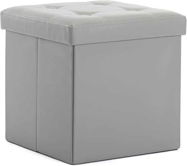 HNNHOME 38cm Cube Faux Leather Padded Seat Ottoman Storage Stool Box, Footstool Pouffes Chair with Lids (Small, Grey)