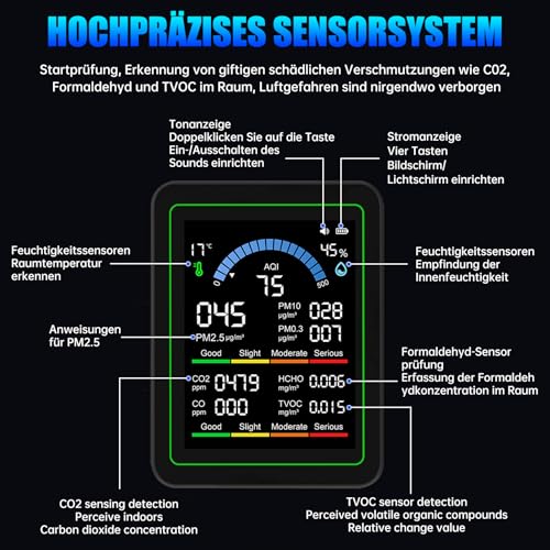 Fastsaw 10-in-1 Luftqualitätsmonitor mit 2,8 Zoll Farbdisplay und 4-Farben-Alarm,Messung von CO₂, PM1.0/PM2.5/PM10,HCHO,Temperatur & Luftfeuchtigkeit.Luftüberwachungsgerät mit Typ-C für Zuhause,Büro.