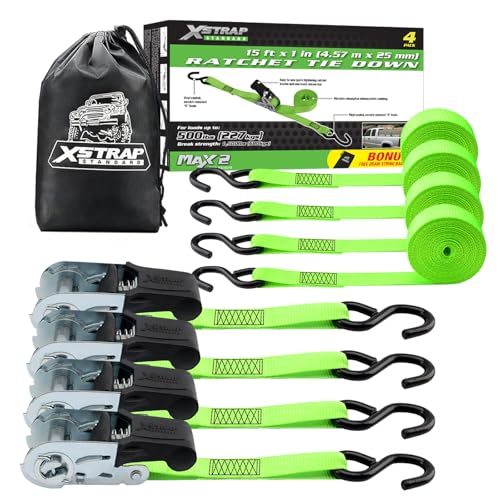 XSTRAP STANDARD Ratchet Tie Down Straps 4 Pk 15Ft- 500 Lbs Load Cap- 1500 Lb Break Strength-Cargo Straps for Moving Appliances, Lawn Equipment, Motorcycle