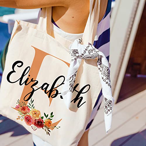 Personalized Wedding Floral Tote Bags Gift For Bridesmaid W/Initial & Name - 8 Design - Customized Canvas Bag For Girls - Custom Beach Shoulder Bag - Maids Bachelorette Party Bridal Shower Gifts C1 #TOP5