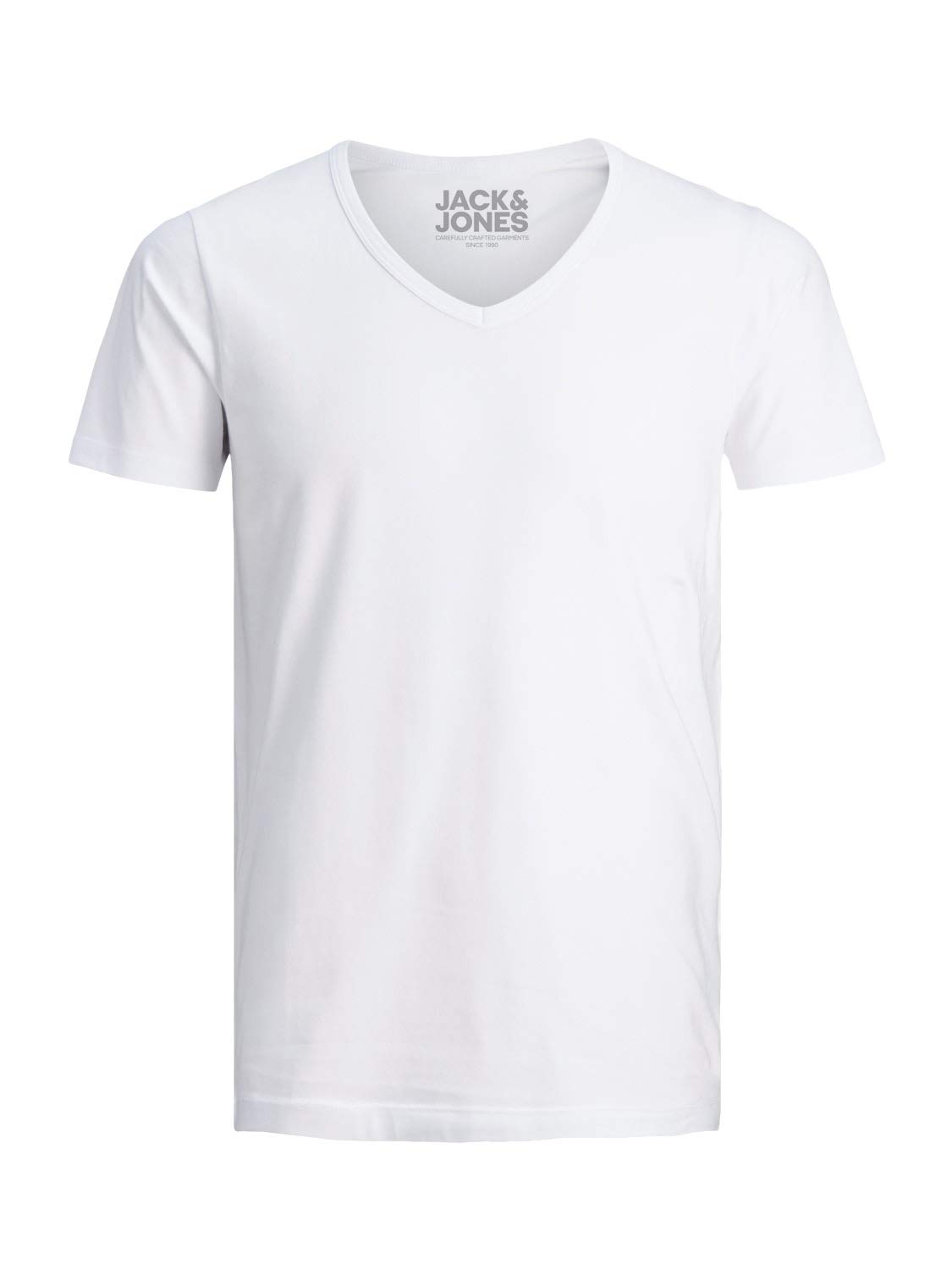 Jack and Jones - Camiseta básica para hombre, cuello de pico, paquete de 3 unidades, color liso, corte ajustado, en blanco, negro, azul y gris