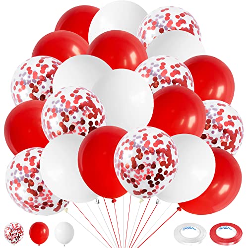 Lot de 60 ballons rouges et blancs de 30,5 cm avec confettis pour anniversaire, mariage, fête prénatale, anniversaire de mariage, fiançailles, enterrement de vie de jeune fille Cover