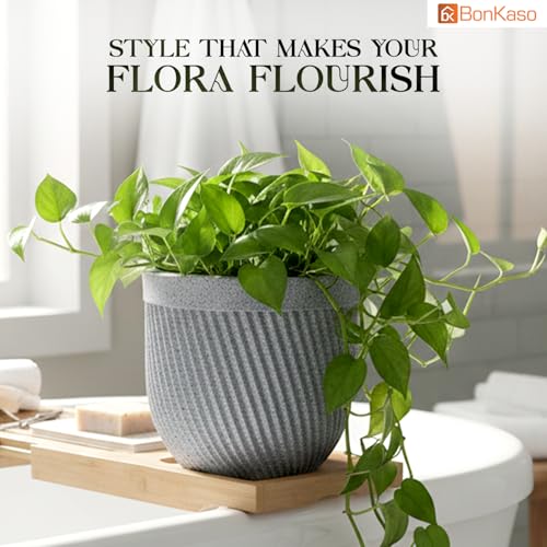 Image of Bonkaso 10 Inch Seltos Ribbed Planter for Indoor & Outdoor Use | Round Heavy Duty Polymer Flower Pot | Lightweight Weather Resistant Modern Gamla for Living Room Balcony & Terrace (Light Grey)