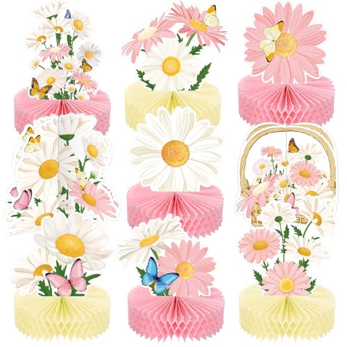 9 Pcs Daisy Flower Birthday Party Decorations Daisy Butterfly Honeycomb Centerpieces 3D Daisy Centerpieces for Tables Pink and White Daisy Table Toppers Boho Groovy Party Decorations Girl Baby Shower