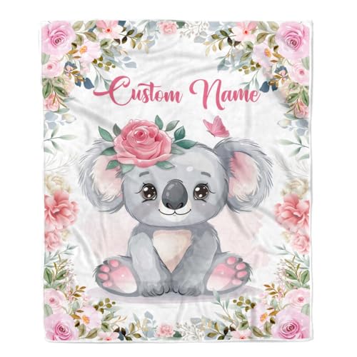 CenturyTee Personalized Baby Blanket with Name Baby Girls Koala for Newborns Nursery Daughter Granddaughter Niece Birthday Christmas Customized Fleece Blanket (30 x 40 Inches - Baby Size), Multicolor