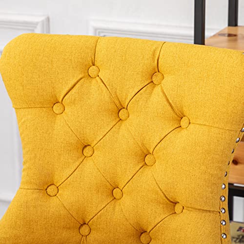 Vescasa Linen 27" H Counter Height Bar Stools Set Of 2 With Tufted Back, Modern Nailhead Trim Upholstered Barstools With Pull Ring, Armless Kitchen Stool With Wood Frame For Kitchen/ Bar, Yellow #TOP2