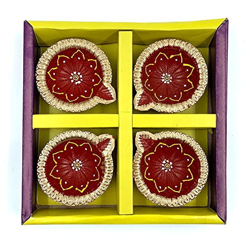 KSJONE Set von 4 handbemalten Diyas für Diwali Puja - Mehrfarbige Diya mit Dochten für Diwali Pooja Festival Dekoration - Teelichter Kerzen Lichter Weihnachten Dekorationen Artikel für Zuhause Cover