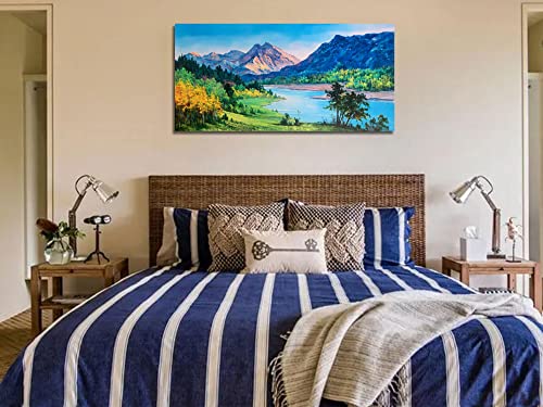 Ardemy Nature Mountain Canvas Wall Art Stream Scenery Painting Summer Blue Ridge Landscape Green Teal Panoramic Picture Artwork Framed Large For Home Office Living Room Bedroom Bathroom Decor 40"X20” #TOP2