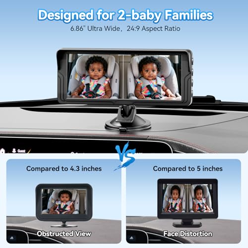 Dual Baby Car Camera for 2 Kids - 6.86 Inch IPS AHD 1080P Split Screen Monitor with 2 Backseat Cameras, Cigarette Lighter & USB Powered, IR Night Vision, 360° Rotatable, Double Rear-Facing Mirror - Image 3