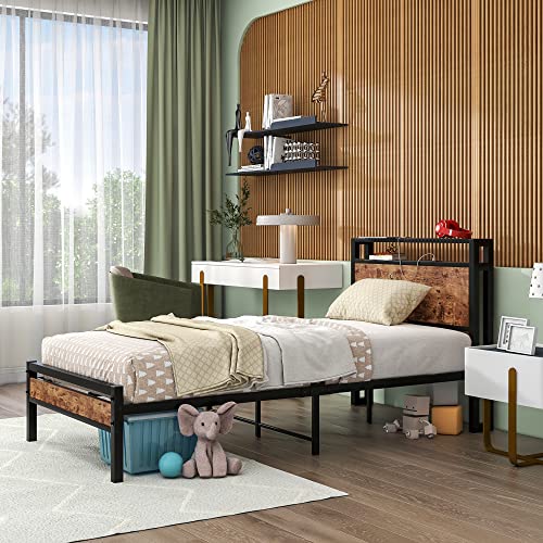 Hojinlinero Twin Bed Frame With Storage Headboard/Usb Charging Station,Single Platform Bed Frame Twin Size No Box Spring Needed,Strong Steel Slats Support,Easy Assembly,Bedroom Furniture,Rustic Brown #TOP6