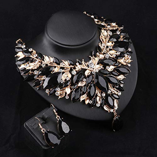 Women 18K Gold Plated Rhinestone Crystal Pendant Necklace Earring Jewelry Sets (Black) #TOP5