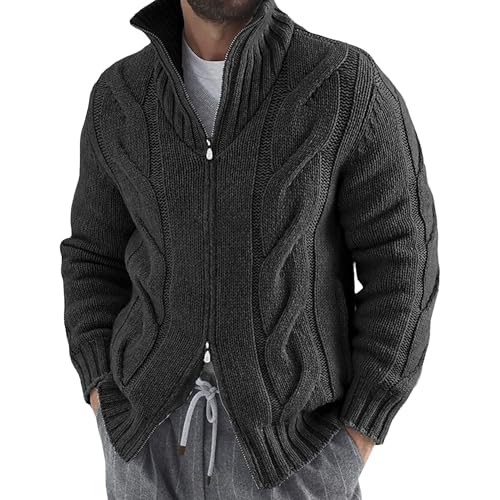Men's High Neck Long Sleeve Sweater Cable Knit Full Zip Sweater Cardigan Heavy Weight Casual Sweaters