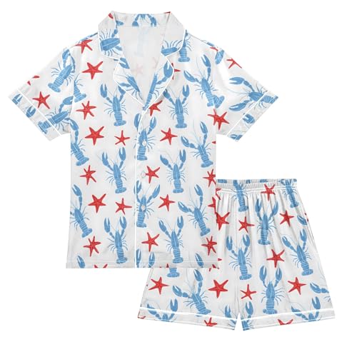 Blue Lobster Stars Pattern Summer Satin Pajama Set, Cute Button-Down Sleepwear Pj Set for Sleep Wears