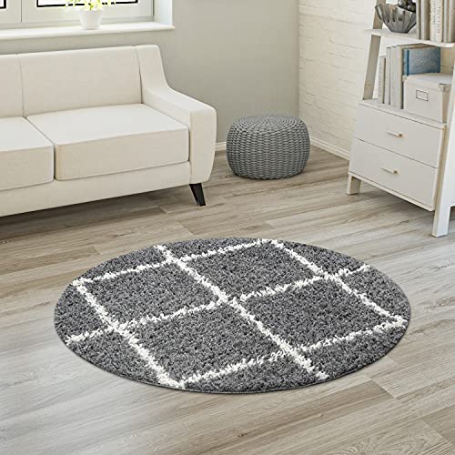 Paco Home Hochflor Teppich Wohnzimmer Schlafzimmer Shaggy Skandinavisch Rautenmuster, Grösse:160 cm Rund, Farbe:Grau