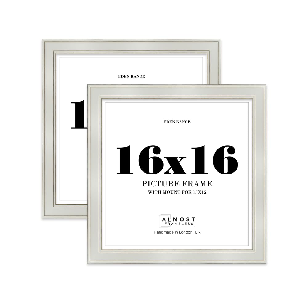 16x16" Light Grey Square Picture Frame with 15x15" Mount - Shabby Chic Photo Frame with Distressed Finish, Gold Trim, Wall Hooks, 37mm Edge - 2 Pack