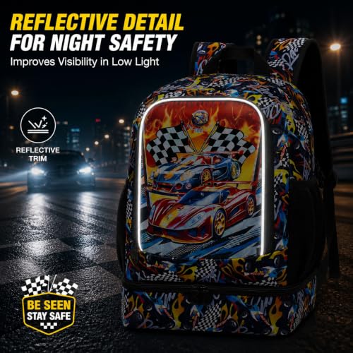 Image of HPJGD 2-in-1 Backpack for Boys, 17 inch Race Car Preschool Bookbag Set with Built-in Lunch Compartment, Kids Water-Resistant School Bag for Elementary - Thrill Racing