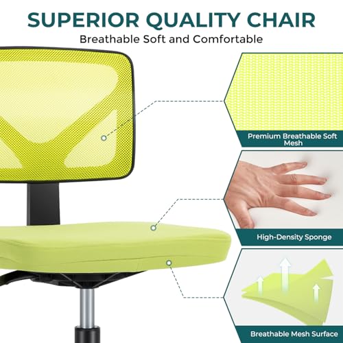 Image of DUMOS Small Desk Chair Armless, Ergonomic Adjustable Home Office Swivel Rolling Task Chair No Arms, Comfy Mesh Mid Back Computer Work Vanity Desk Chiars with Wheels for Small Spaces, Green