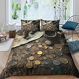 JQZRXKPNHB Copripiumino Monete Vintage 3D Stampato Microfibra Decorazione Camera da Letto Set Biancheria Monete Antiche Morbido Traspirante per Adulti Single（140x200cm）
