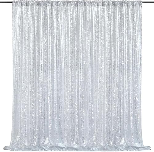 Image of Silver Sequin Backdrop Curtain Drapes 8ftx8ft Glitter Fabric Photo Backdrop | Twilight Sparkle Photo Backdrop Curtain for Wedding /Baby Shower /Pincess Happy Birthday /Graduations /New Years /Theme Party