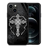 NAQSKQF Compatible with iPhone 14 Case Cross Angel Wing Pattern for Boy Girl,Hard Glass Shock Absorption Cover [5Ft Drop Tested] Non-Slip Black TPU Case for iPhone 14-6.1 inch