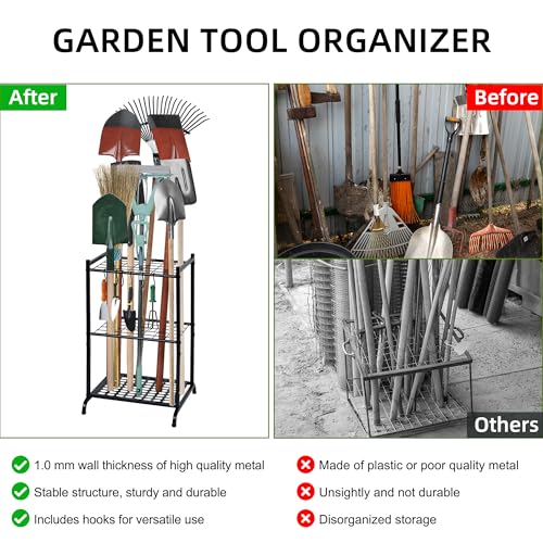 RANXFLOAT Garden Tool Organizer with Storage Hooks, Yard Tool Tower Rack for Garage Organization and Storage, Up to 35 Long-Handled Tools, Metal Tool Holder with 6 Hooks, Black