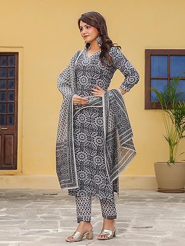 Image of GoSriKi Women's Cotton Blend Straight Printed Kurta with Pant & Dupatta