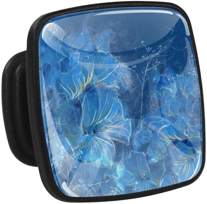 LORVIES Paquete de 4 pomos decorativos florales de 1.2 pulgadas, cuadrados de vidrio ABS negro con un solo agujero, tiradores de cajón de aparador