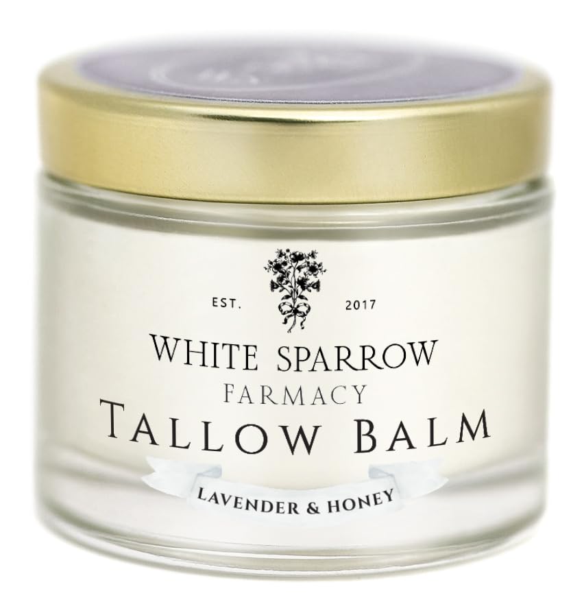 White Sparrow Farmacy Bálsamo de sebo orgánico alimentado con pasto  (lavanda y miel) Sarga orgánica de vacas 100% alimentadas con pasto y todos los