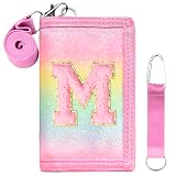SiorVeol Carteira infantil para meninas com três dobras iniciais com glitter e compartimentos para cartão, incluindo cordão de pescoço e alça para pendurar, Arco-íris, M