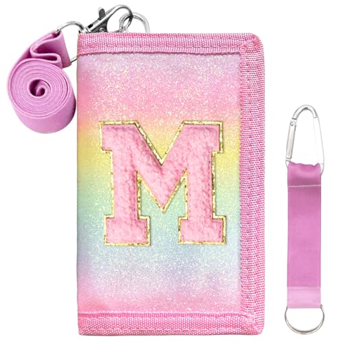 SiorVeol Carteira infantil para meninas com três dobras iniciais com glitter e compartimentos para cartão, incluindo cordão de pescoço e alça para pendurar, Arco-íris, M