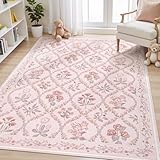 Dadasgk 5x7 Nursery Rug for Baby Girl, Blush Pink Boho Cute Floral Rug for Bedroom Girls, Washable Large Soft Non-Slip Low-Pile Carpet or Living Room Kids Room Playroom Dorm, Pink Multi