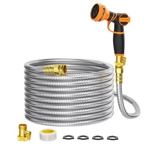 Girafe Tools Garden Hose 75ft x 5/8', 304 Stainless Steel Metal Water Hose, No Kink Garden Water Hose with 9 Pattern Spray Nozzle, Flexible, Lightweight, Kink Free Hose for Yard, Outdoor